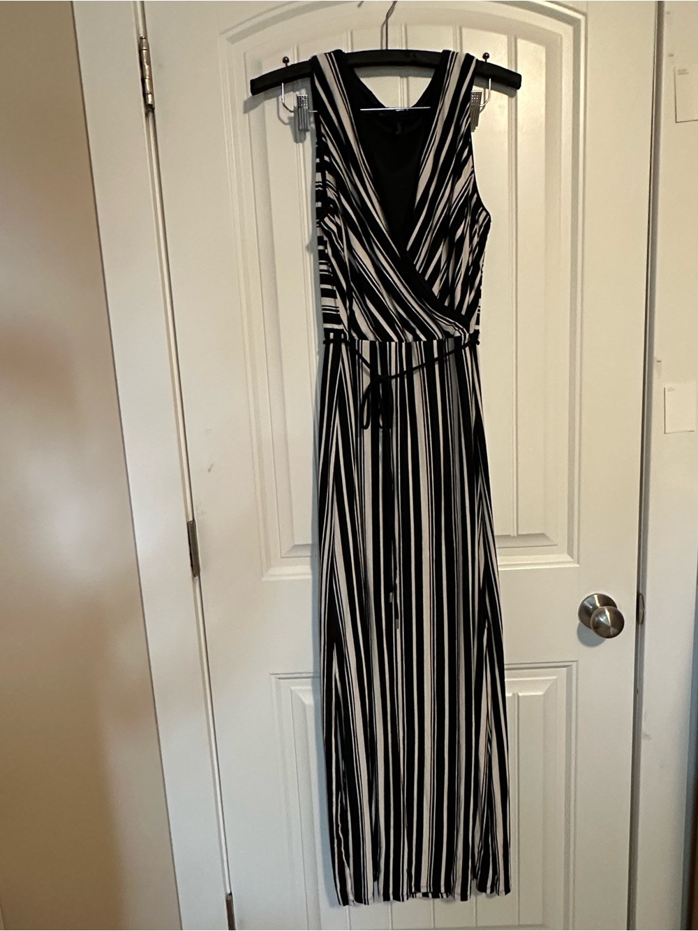 White House Black Market Black and White Striped Wrap Maxi Dress